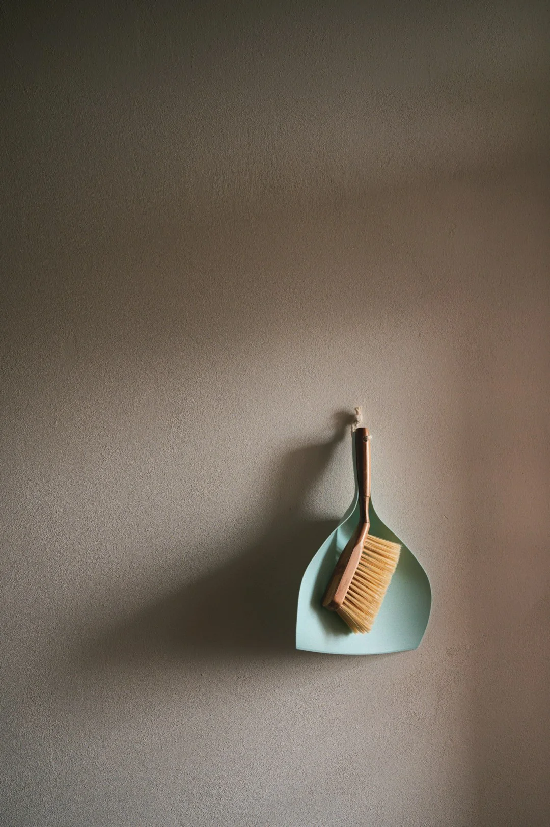 Eco-friendly cleaning brushes and eucalyptus branches in a reusable net bag on white surface.